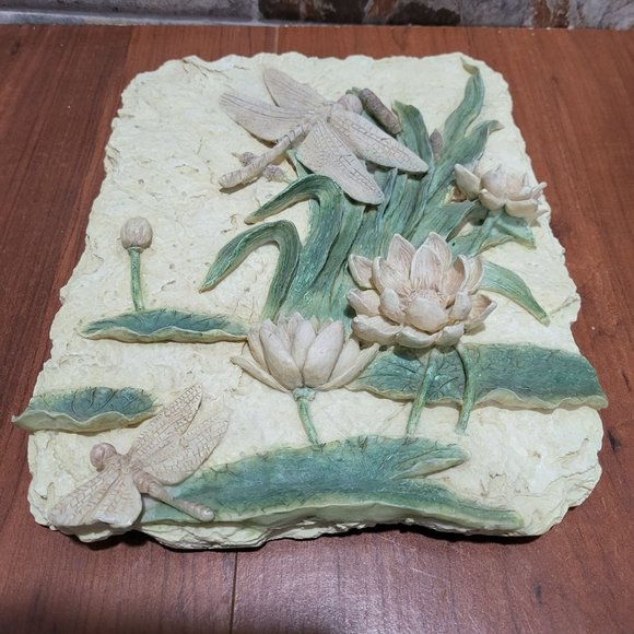 Botanical Clay Flower Dragonfly Art Wall Sculpture Plaster Cream Tile - Picture 6 of 14